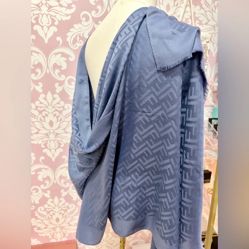 Fendi FF Logo Blue Silk & Cashmere Vintage Scarf